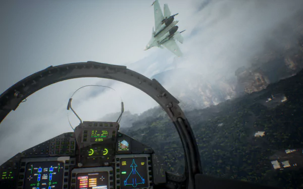 HD desktop wallpaper featuring an aerial combat scene from Ace Combat 7: Skies Unknown, showcasing a fighter jet in pursuit viewed from the cockpit amidst a cloudy sky and rugged terrain below.