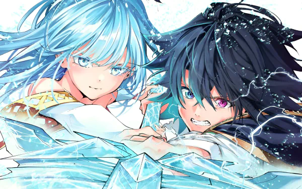 Anime HD PC wallpaper from Wistoria: Wand and Sword — Will Serholt and Elfaria Alvis Serholt clash, blue-haired Elfaria and dark-haired Will amid flying ice shards and crackling magic.