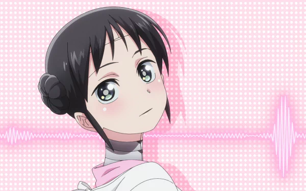 HD PC desktop wallpaper featuring Mina from the anime My Wife Has No Emotion, set against a pink background with heartbeat wave patterns.