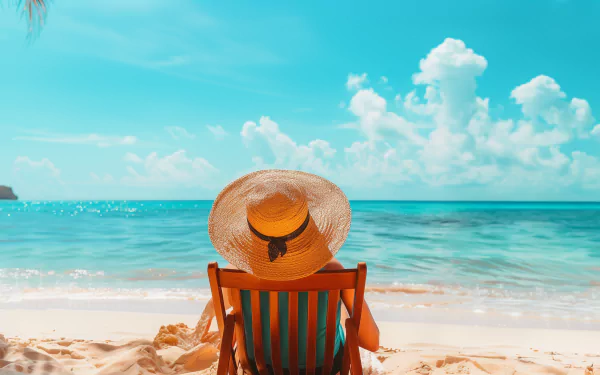 A person relaxes in a beach chair, wearing a wide-brimmed hat, overlooking serene turquoise waters and fluffy clouds, capturing the essence of a tranquil beach vacation.