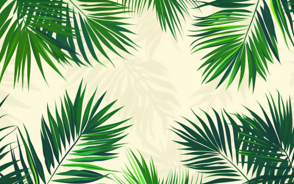 HD desktop wallpaper with vibrant green palm leaves set against a light beige background.