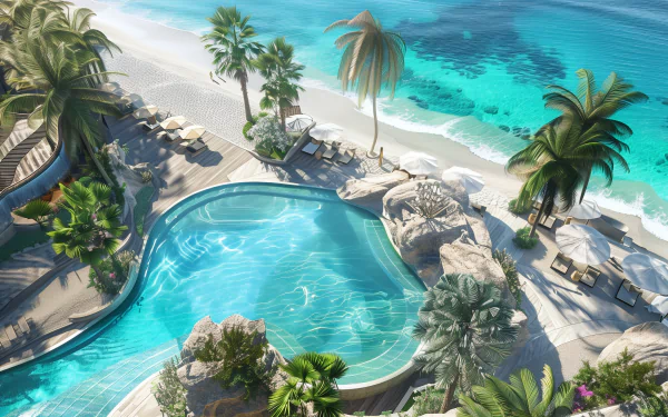 A stunning HD desktop wallpaper featuring a luxurious beach vacation scene with a crystal-clear pool surrounded by palm trees, sun loungers, and a pristine sandy beach with turquoise waters.
