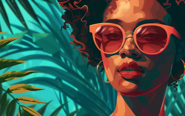 Illustrated woman with vibrant red sunglasses, curly hair, and hoop earrings, exudes summer aesthetic against a backdrop of lush tropical leaves. HD desktop wallpaper and background.
