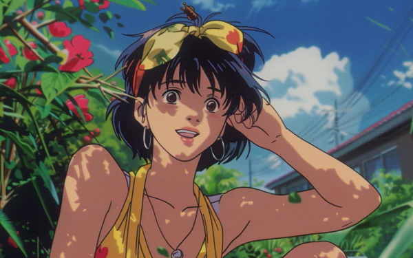 Anime-style depiction of a woman enjoying a summer day. She is wearing a yellow outfit with a headband, surrounded by lush greenery and flowers, set against a bright, blue sky. HD desktop wallpaper.