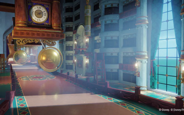 HD desktop wallpaper featuring a scene from the video game Disney Speedstorm, showcasing an elaborate clock mechanism next to a sunlit window, under a high ceiling adorned with intricate details.