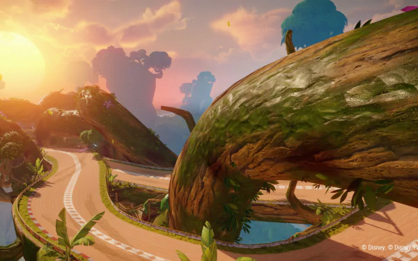 HD desktop wallpaper and background featuring a vibrant sunset scene from the video game Disney Speedstorm, showcasing a winding race track with lush greenery and towering, curved trees.