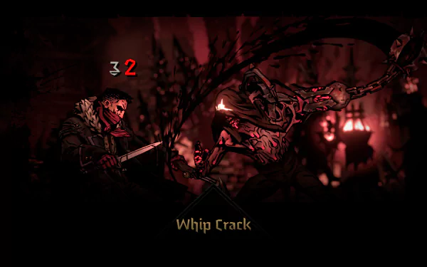 HD desktop wallpaper featuring a dramatic battle scene from the video game Darkest Dungeon II, showing a character taking a hit labeled Whip Crack in dark, intense colors.