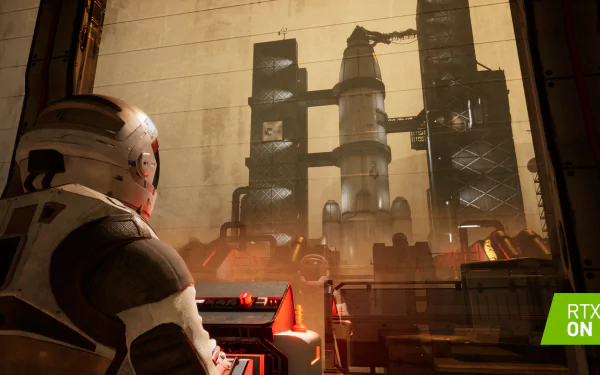 HD desktop wallpaper of Deliver Us The Moon video game, featuring an astronaut observing a large rocket inside a space facility. RTX ON is visible in the corner, signifying ray tracing technology.