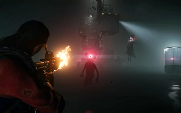 HD wallpaper featuring a scene from the video game Once Human, showing a character shooting at monsters in a dark, atmospheric environment with eerie lighting.