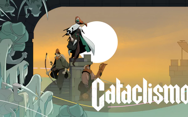 HD desktop wallpaper featuring a scene from the video game Cataclismo, showcasing characters equipped for battle against a backdrop of a setting sun and castle ruins.