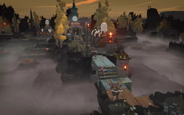 HD desktop wallpaper featuring a misty, eerie landscape from the video game Cataclismo, with medieval structures and warm, glowing lights at dusk.