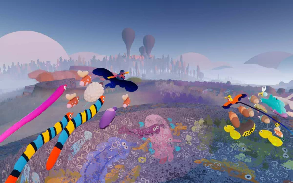 Colorful creatures flying peacefully over a vibrant, surreal landscape in the HD desktop wallpaper from the video game Flock. The background features hot air balloons and a distant, dreamlike horizon.