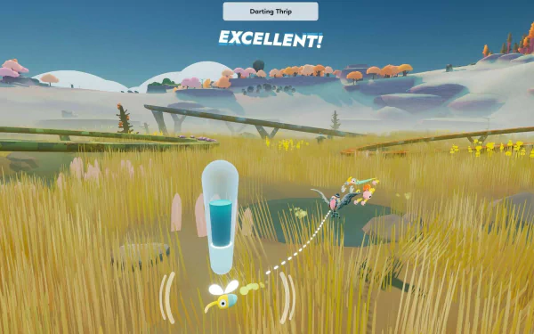HD desktop wallpaper of a colorful video game Flock, featuring a serene landscape with a character, flying through fields with Excellent! displayed on screen.