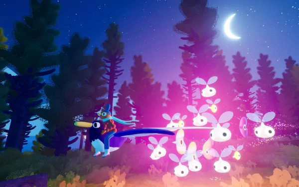 A vibrant HD desktop wallpaper of the video game Flock featuring a character riding a large bird with glowing creatures flying around, set against a nighttime forest background with a crescent moon.