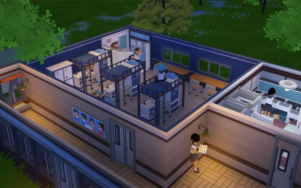 HD desktop wallpaper featuring a scene from the video game Let's School, depicting a detailed, top-down view of a school building with classrooms and students.
