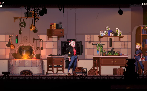 HD wallpaper featuring a cozy kitchen scene from the video game “Magical Delicacy,” depicting two animated characters in a rustic kitchen with a glowing hearth and various cooking utensils.