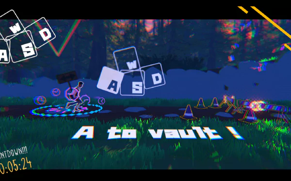 A vibrant HD wallpaper of Aerial_Knight's Never Yield video game. The scene highlights game controls (WASD) and the directive A to vault! against a dynamic and colorful backdrop.