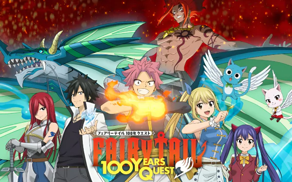 HD PC desktop wallpaper featuring characters from the anime Fairy Tail: 100 Years Quest, showcasing vibrant action poses and fantasy elements in a dynamic composition.