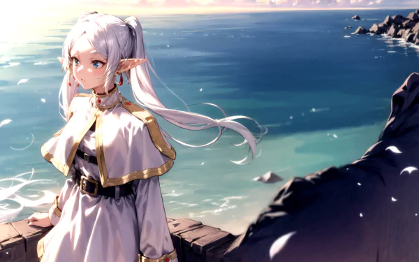 4K Ultra HD PC desktop wallpaper featuring Frieren from Frieren: Beyond Journey's End, standing by a sunlit seaside cliff with a serene ocean view.