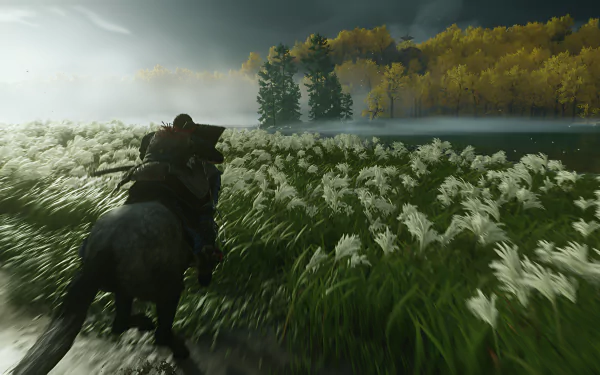 A 4K Ultra HD PC wallpaper depicting a lone warrior on horseback riding through a misty field of tall grass in Ghost of Tsushima.