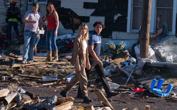 Two people walk through a debris-strewn area with others in the background, from the movie Twisters. This HD desktop wallpaper and background conveys a sense of chaos and aftermath.