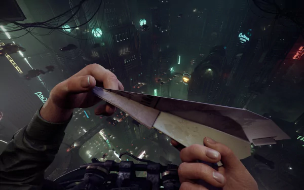 High-definition desktop wallpaper featuring a scene from the video game Nobody Wants to Die, showing hands holding a paper airplane over a neon-lit futuristic cityscape.
