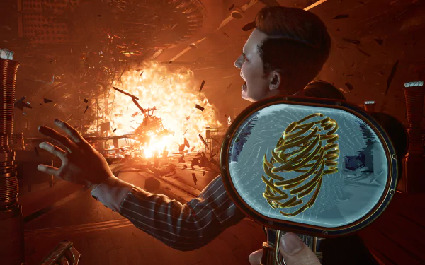 HD wallpaper and background from the video game Nobody Wants to Die, depicting intense action with an explosion and a character viewed through a magnifying glass.