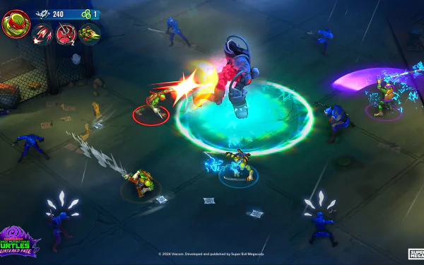 HD desktop wallpaper and background of Teenage Mutant Ninja Turtles: Splintered Fate, featuring an intense battle scene with the turtles fighting multiple enemies.