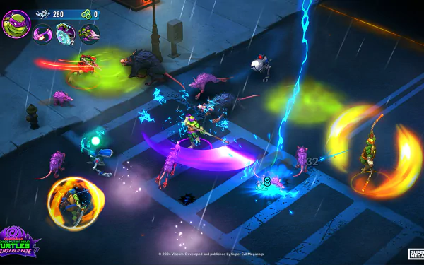 HD desktop wallpaper featuring an action-packed scene from the video game Teenage Mutant Ninja Turtles: Splintered Fate, showcasing characters in combat amid vibrant effects and detailed streets.