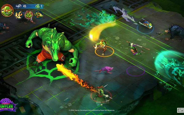 HD desktop wallpaper of Teenage Mutant Ninja Turtles: Splintered Fate, featuring characters in intense combat with vibrant special effects and detailed background graphics.