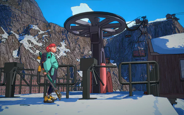 This HD desktop wallpaper from the video game Dungeons of Hinterberg shows a character standing at a snow-covered ski lift station, surrounded by mountainous terrain.