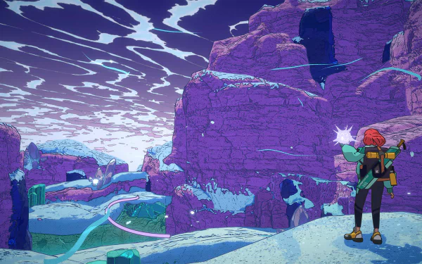 HD desktop wallpaper featuring gameplay from Dungeons of Hinterberg. A character stands with a glowing weapon amidst a colorful, stylized rocky landscape under a dynamic sky.