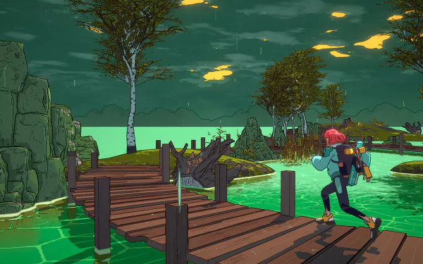 HD desktop wallpaper and background featuring a scene from the video game Dungeons of Hinterberg, showing a character running on a wooden bridge over a glowing green lake, with trees and rocks in the background.