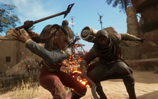 HD desktop wallpaper of Flintlock: The Siege of Dawn featuring intense combat between two characters in a rustic setting.