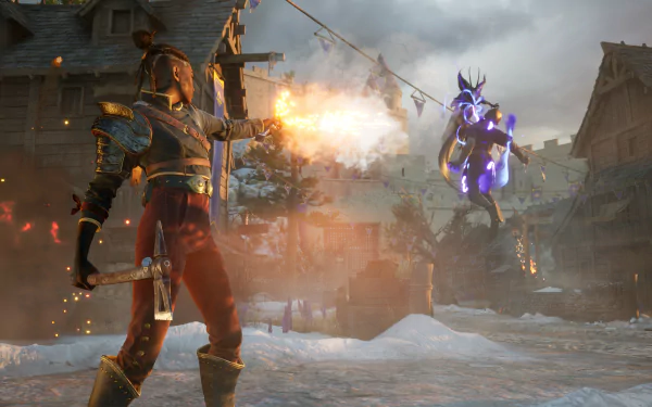 A character fires a gun with a blast of flame at a spectral enemy in a snowy village, captured in a HD desktop wallpaper from the video game Flintlock: The Siege of Dawn.