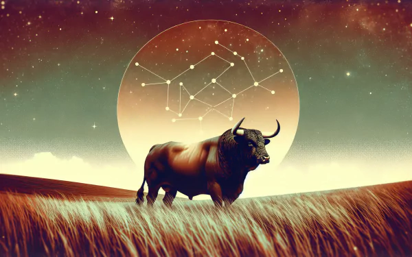 HD desktop wallpaper featuring a powerful bull under a starry sky, with the Taurus constellation glowing behind it. The background showcases a serene, cosmic landscape.