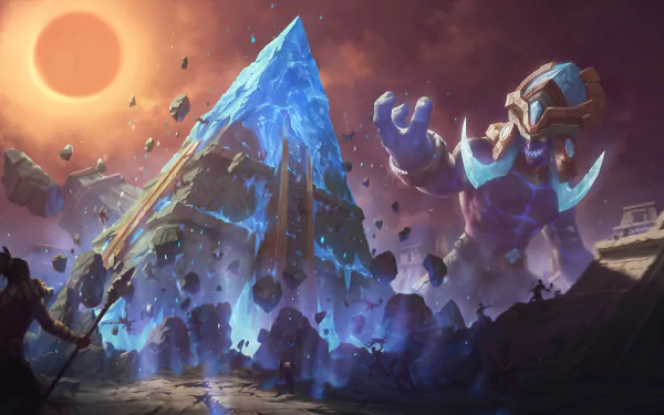 HD desktop wallpaper of Trundle from Legends of Runeterra. The image features an intense battle scene with Trundle in the foreground, towering over a shattered icy pyramid under a glowing sun.