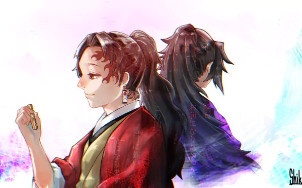 HD desktop wallpaper of Yoriichi Tsugikuni from Demon Slayer: Kimetsu no Yaiba, featuring a dual perspective of the character in vibrant colors.