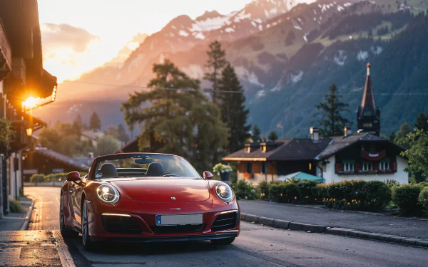 Red Porsche 911 Carrera parked on a Swiss alpine road at sunset, with traditional houses and snow-capped mountain peaks in the background.
