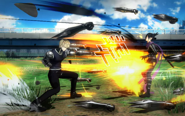 HD desktop wallpaper and background from One Punch Man: A Hero Nobody Knows video game, depicting an intense fight scene with dynamic action effects and vibrant colors.