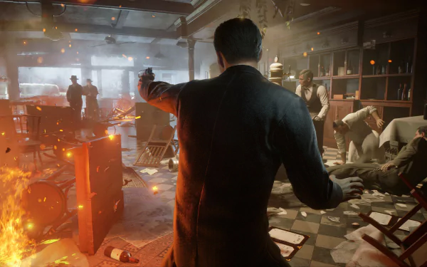 HD desktop wallpaper from the video game Mafia: Definitive Edition, featuring a dramatic shootout scene in a dimly lit, chaotic interior with shattered furniture and visible fire.