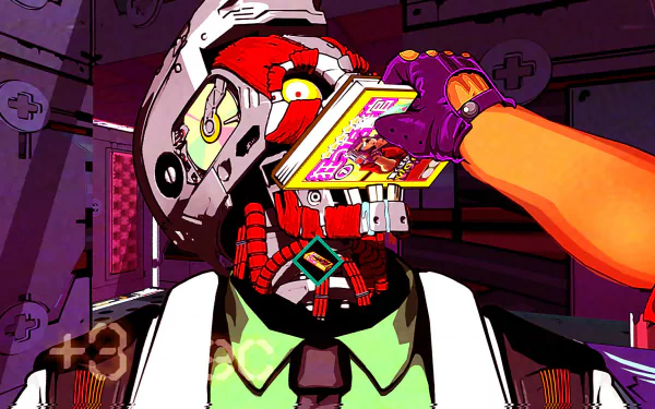 HD desktop wallpaper featuring Mullet MadJack from a video game, depicting a vibrant and futuristic scene with a character interacting with a robotic face.