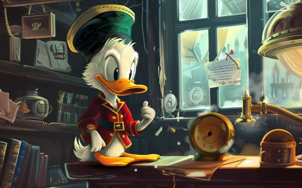 HD desktop wallpaper of Scrooge McDuck in his study, surrounded by books and antique decorations. The scene captures a cozy, vintage vibe with rich details.