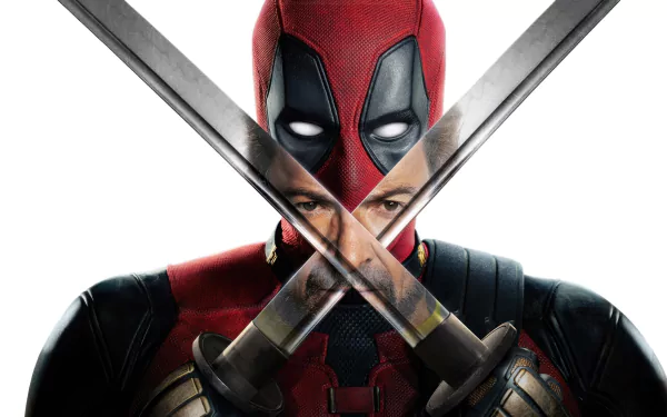 A striking 4K Ultra HD wallpaper featuring Deadpool and Wolverine, with Deadpool facing forward, wielding swords crossed in front of him, showcasing dynamic character design.