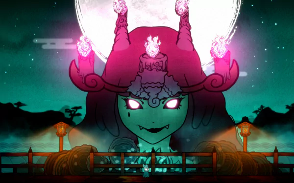 HD desktop wallpaper and background from the video game Bo: Path of the Teal Lotus, featuring a mystical character with glowing eyes and fiery accessories, set against an enchanting night sky.