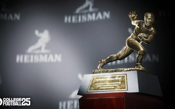 A shiny Heisman Trophy in the foreground, set against a blurred background featuring the logos of EA Sports College Football 25, showcasing the prestige of college football gaming.