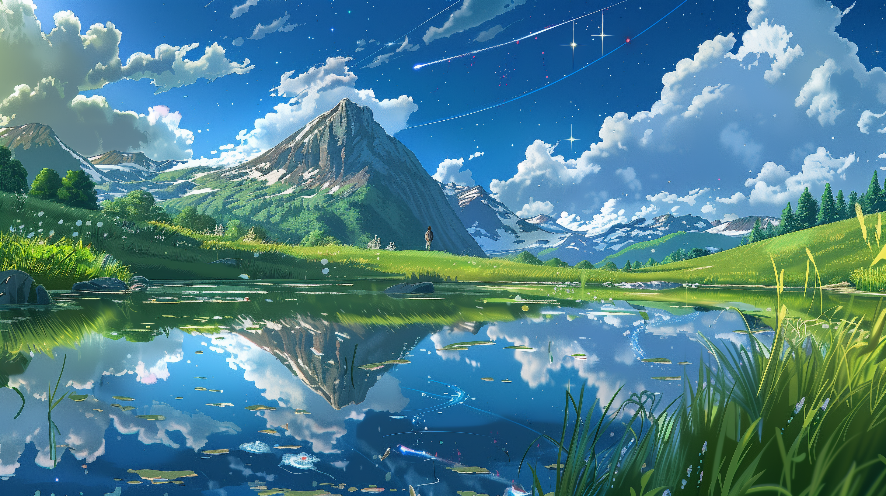 Serene Anime Landscape Reflection - HD Wallpaper by patrika, image size:2912x1632