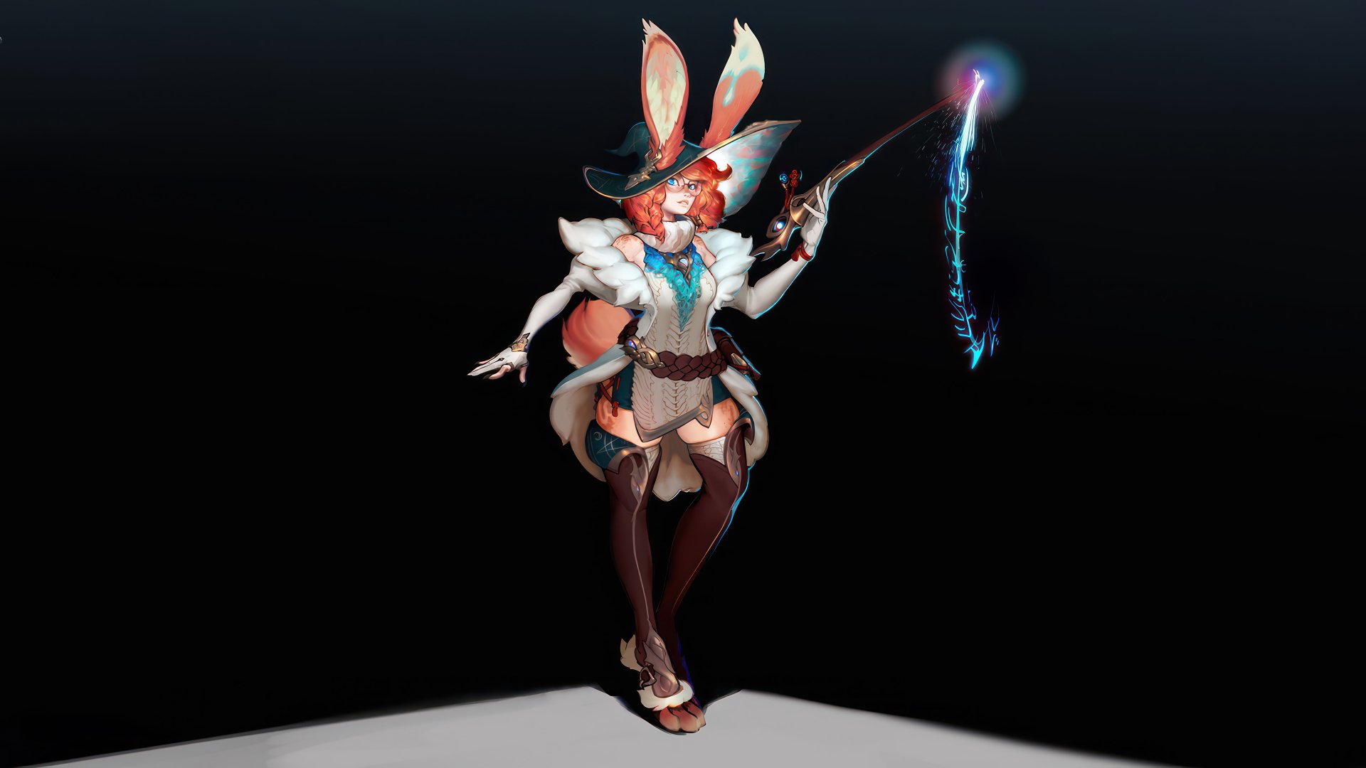 A striking HD desktop wallpaper featuring Aurora from League of Legends, showcasing her enchanting pose, whimsical attire, and a magical staff against a dark background.