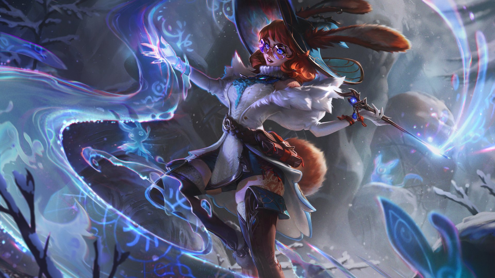 Aurora from League of Legends is depicted in an 8K Ultra HD video game wallpaper, surrounded by ethereal, glowing blue spirits in a mystical forest setting.