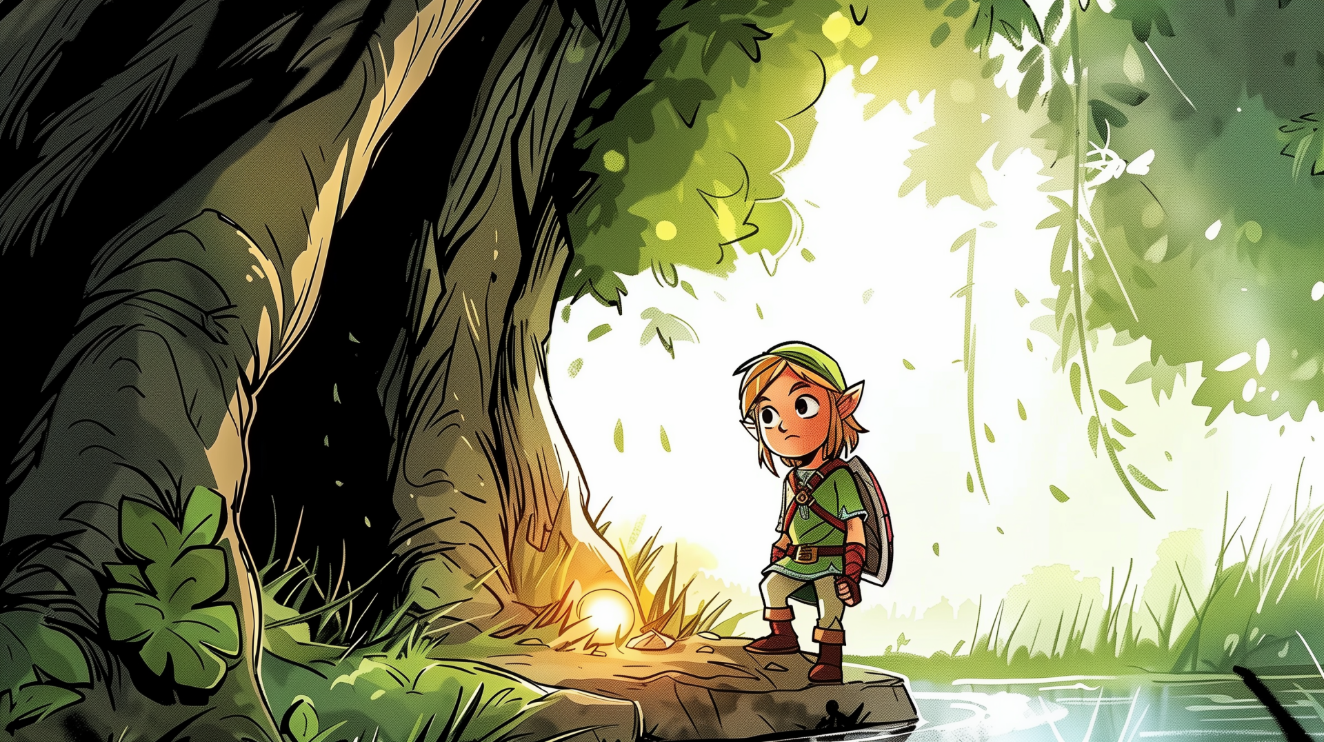 HD desktop wallpaper featuring Link from The Legend of Zelda in a vibrant cartoon style, showcasing the iconic video game hero in an adventurous setting.